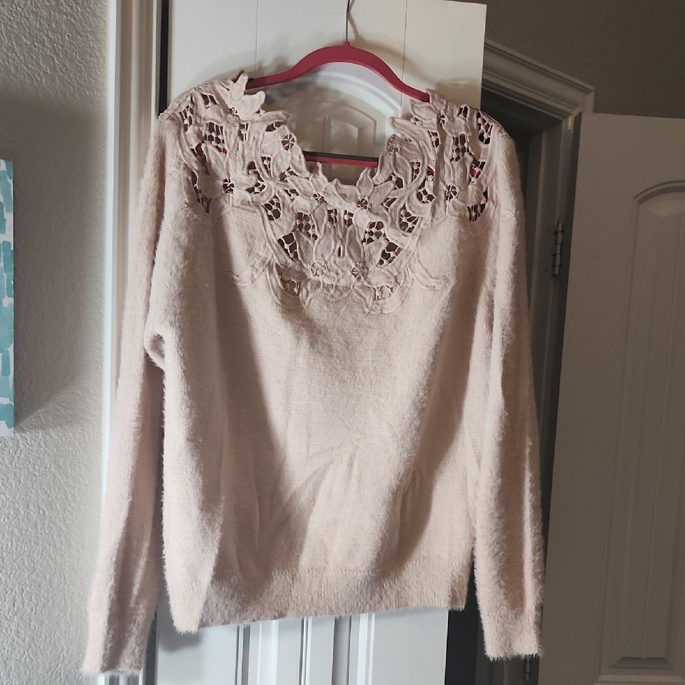 Sweet Love Cream Crew Neck Sweater with Lace Detail